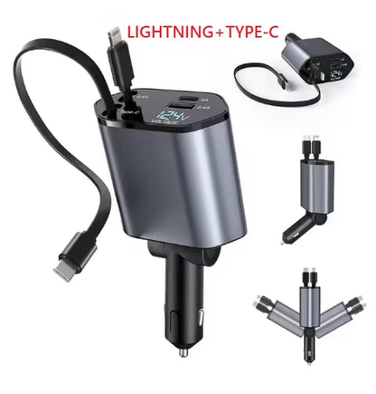 4 in 1 Retractable Car Charger, 100W Quick Charge with 2 USB Port, Retractable Iphone Charger & Tap-C Charger, Retractable Cable