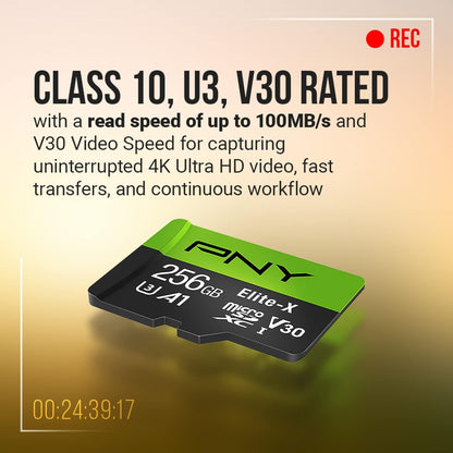 256GB Elite-X Class 10 U3 V30 Microsdxc Flash Memory Card - 100Mb/S, Class 10, U3, V30, A1, 4K UHD, Full HD, UHS-I, Micro SD