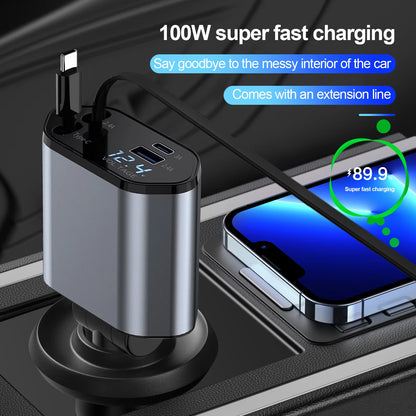 4 in 1 Retractable Car Charger, 100W Quick Charge with 2 USB Port, Retractable Iphone Charger & Tap-C Charger, Retractable Cable